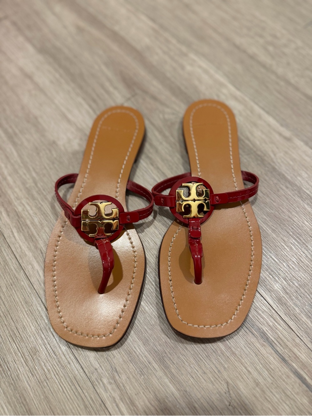 Tory Burch Red Miller Thong Sandals with Gold Logo Medallion